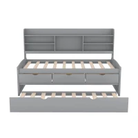 Classic Style Twin Size Wooden Captain Bed with Built-in Bookshelves, 3 Storage Drawers, and Trundle, 77.5" L x 88" W x 47" H, Gray(m-7)