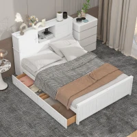 Vinsetto Full Size Platform Bed with Storage Headboard, Sliding Door, and 2 Drawers, Solid Wood and MDF, 89" L x 58" W x 42" H, White(m-4)