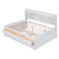 Classic Style Full Size Wooden Captain Bed with Built-in Bookshelves, 3 Storage Drawers, and Trundle, 79" L x 104.5" W x 47" H, White(m-9)