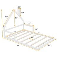Full Size Wood Floor Bed with House-Shaped Headboard, Sturdy Pine Wood Construction, Easy Assembly, 78" L x 56.5" W x 46.5" H, White(m-3)
