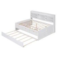 Classic Style Full Size Wooden Captain Bed with Built-in Bookshelves, 3 Storage Drawers, and Trundle, 79" L x 104.5" W x 47" H, White(m-11)