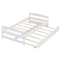 Twin Size Platform Bed with Twin Size Trundle, Headboard and Footboard, Sturdy Pine Wood Construction, 77.5" L x 40.5" W x 22" H, White(m-7)