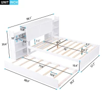 Full Size Storage Platform Bed with Pull Out Shelves, Twin Size Trundle, Solid Wood and MDF, 98" L x 89" W x 39.5" H, White(m-3)