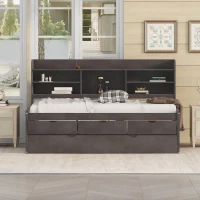 Classic Style Twin Size Wooden Captain Bed with Built-in Bookshelves, 3 Storage Drawers, and Trundle, 77.5" L x 88" W x 47" H, Antique Gray(m-4)