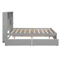 Vinsetto Full Size Platform Bed with Storage Headboard, Charging Station, 4 Drawers, Solid Wood and MDF, 85" L x 55" W x 48" H, Gray(m-14)