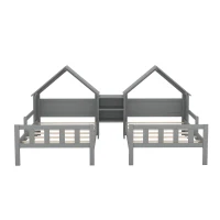 Double Twin Size Platform Bed with House-Shaped Headboard, Built-in Nightstand, Solid Wood Construction, 99.5" L x 78" W x 48" H, Gray(m-10)