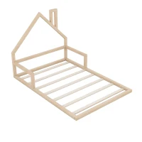 Full Size Wood Floor Bed with House-Shaped Headboard, Sturdy Pine Wood Construction, Easy Assembly, 78" L x 56.5" W x 46.5" H, Natural(m-7)