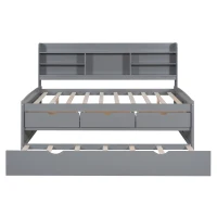 Classic Style Full Size Wooden Captain Bed with Built-in Bookshelves, 3 Storage Drawers, and Trundle, 79" L x 104.5" W x 47" H, Light Gray(m-8)