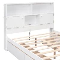 Vinsetto Full Size Platform Bed with Storage Headboard, Charging Station, and 4 Drawers, Solid Wood and MDF, 85" L x 55" W x 48" H, White(m-7)