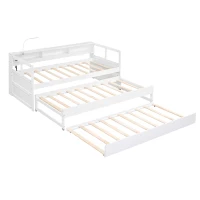 Twin XL Wood Daybed with 2 Trundles, 3 Storage Cubbies, USB Charging Design, and Free Light, 82" L x 129.5" W x 35.5" H, White(m-16)
