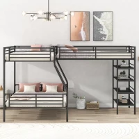 L-Shaped Twin over Full Bunk Bed and Twin Loft Bed with Built-in Shelves, Full-Length Guardrails, and Ladder, 117" L x 77.5" W x 63" H, Black(m-4)