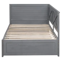 Vinsetto Twin Size Wood Daybed with Trundle, Rustic Guardrail, Solid Wood Construction, 77.5" L x 42" W x 33.5" H, Grey(m-15)