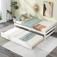 Twin Size Platform Bed with Twin Size Trundle, Headboard and Footboard, Sturdy Pine Wood Construction, 77.5" L x 40.5" W x 22" H, White(m-5)