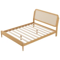 Vinsetto Queen Size Wood Storage Platform Bed with LED Light, Rattan Headboard, No Box Spring Required, 84.5" L x 63" W x 39.5" H, Antique Natural(m-13)