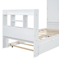 Vinsetto Twin Size Platform Bed with Storage Headboard, Footboard, Pull Out Shelves, and Twin Size Trundle, 101" L x 41.5" W x 65.5" H, White(m-8)