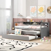 Twin XL Wood Daybed with 2 Trundles, 3 Storage Cubbies, Free Light and USB Charging, 82" L x 129.5" W x 35.5" H, Gray(m-5)