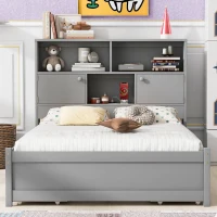 Vinsetto Full Size Platform Bed with Storage Headboard, Charging Station, 4 Drawers, Solid Wood and MDF, 85" L x 55" W x 48" H, Gray(m-1)