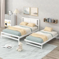 Full Size Platform Bed with Adjustable Trundle, Solid Pine Wood and MDF, 78" L x 97.5" W x 39.5" H, White(m-5)