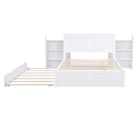 Full Size Storage Platform Bed with Pull Out Shelves, Twin Size Trundle, Solid Wood and MDF, 98" L x 89" W x 39.5" H, White(m-11)