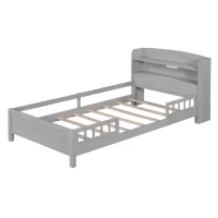 Wood Twin Size Platform Bed with Built-in LED Light, Storage Headboard, Guardrail, and Sturdy Construction, 87" L x 43" W x 31" H, Antique Gray(m-10)