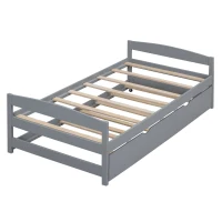 Twin Size Platform Bed with Twin Size Trundle, Headboard and Footboard, Sturdy Pine Wood Construction, 77.5" L x 40.5" W x 22" H, Gray(m-10)