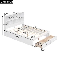 Full Size Platform Bed with Storage Headboard, Charging Station, and 2 Drawers, Solid Wood and MDF, 85" L x 55" W x 48" H, White(m-3)