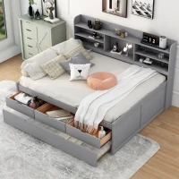 Classic Style Full Size Wooden Captain Bed with Built-in Bookshelves, 3 Storage Drawers, and Trundle, 79" L x 104.5" W x 47" H, Light Gray(m-5)