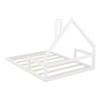 Full Size Wood Floor Bed with House-Shaped Headboard, Sturdy Pine Wood Construction, Easy Assembly, 78" L x 56.5" W x 46.5" H, White(m-9)