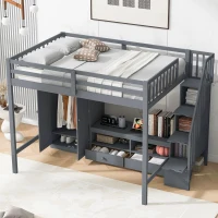 Full Size Loft Bed Frame with Wardrobe, Low Storage Table, Storage Staircase, Solid Wood and MDF, 93.5" L x 56.5" W x 65.5" H, Gray(m-4)