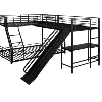 L-Shaped Twin over Full Bunk Bed with Twin Loft, Built-in Desk, Slide, Metal Frame, 117.5" L x 77.5" W x 53" H, Black(m-6)