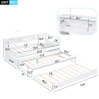 Twin XL Wood Daybed with 2 Trundles, 3 Storage Cubbies, USB Charging Design, and Free Light, 82" L x 129.5" W x 35.5" H, White(m-3)