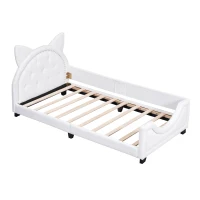 Teddy Fleece Twin Size Upholstered Daybed with Carton Ears Shaped Headboard, Sturdy Frame, Easy to Assemble, 80" L x 41" W x 37" H, White(m-10)