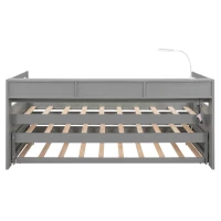 Twin XL Wood Daybed with 2 Trundles, 3 Storage Cubbies, Free Light and USB Charging, 82" L x 129.5" W x 35.5" H, Gray(m-17)