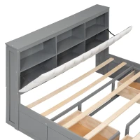 Wood Queen Size Platform Bed with Storage Headboard, Shoe Rack, and 4 Drawers, 90.5" L x 63" W x 43" H, Gray(m-7)