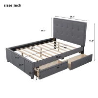 Vinsetto Full Size Linen Upholstered Platform Bed with Headboard and 2 Drawers, Solid Wood Frame, Built-in Slats, 79" L x 58" W x 47" H, Gray(m-3)