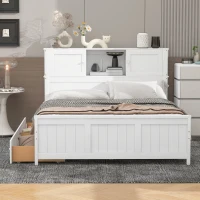 Vinsetto Full Size Platform Bed with Storage Headboard, Sliding Door, and 2 Drawers, Solid Wood and MDF, 89" L x 58" W x 42" H, White(m-1)