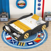 Full Size Race Car-Shaped Platform Bed with Wheels and Storage, Solid Wood and MDF, 90.5" L x 55" W x 15.5" H, Black(m-4)