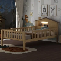 Twin Size Wood Platform Bed with House-Shaped Headboard, LED Light, Built-in Storage, 82" L x 41" W x 36" H, Natural(m-5)
