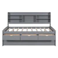 Classic Style Full Size Wooden Captain Bed with Built-in Bookshelves, 3 Storage Drawers, and Trundle, 79" L x 104.5" W x 47" H, Light Gray(m-2)