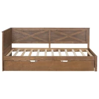 Vinsetto Twin Size Wood Daybed with Trundle, Rustic Guardrail, Solid Wood Construction, 77.5" L x 42" W x 33.5" H, Brown(m-9)