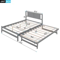 Full Size Platform Bed with Adjustable Trundle, Solid Pine Wood and MDF, 78" L x 97.5" W x 39.5" H, Gray(m-3)