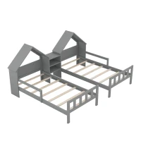 Double Twin Size Platform Bed with House-Shaped Headboard, Built-in Nightstand, Solid Wood Construction, 99.5" L x 78" W x 48" H, Gray(m-11)