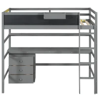 Wood Twin Size Loft Bed with Desk, Blackboard, Storage Box, Shelf, and 3 Drawers, 79" L x 42" W x 69.5" H, Gray(m-9)