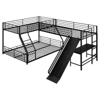 L-Shaped Twin over Full Bunk Bed with Twin Loft, Built-in Desk, Slide, Metal Frame, 117.5" L x 77.5" W x 53" H, Black(m-7)
