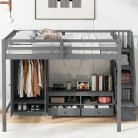 Full Size Loft Bed Frame with Wardrobe, Low Storage Table, Storage Staircase, Solid Wood and MDF, 93.5" L x 56.5" W x 65.5" H, Gray(m-1)