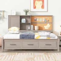 Twin Size Lounge Daybed with Storage Shelves, Cork Board, USB Ports, and 3 Drawers, 78.5" L x 50" W x 51" H, Antique Gray(m-1)