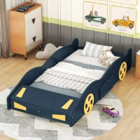 Twin Size Race Car-Shaped Platform Bed with Wheels and Storage, Solid Wood and MDF, 90.5" L x 40" W x 15.5" H, Dark Blue(m-4)
