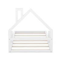 Twin Size Wood Floor Bed with House-Shaped Headboard, Sturdy Wood Construction, No Box Spring Needed, 78" L x 41.5" W x 39" H, White(m-10)