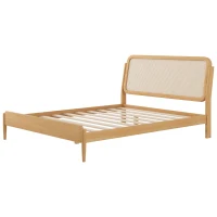 Vinsetto Queen Size Wood Storage Platform Bed with LED Light, Rattan Headboard, No Box Spring Required, 84.5" L x 63" W x 39.5" H, Antique Natural(m-14)