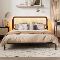 Vinsetto Queen Size Wood Storage Platform Bed with LED Light, Rattan Headboard, No Box Spring Needed, 84.5" L x 63" W x 39.5" H, Antique Espresso(m-1)